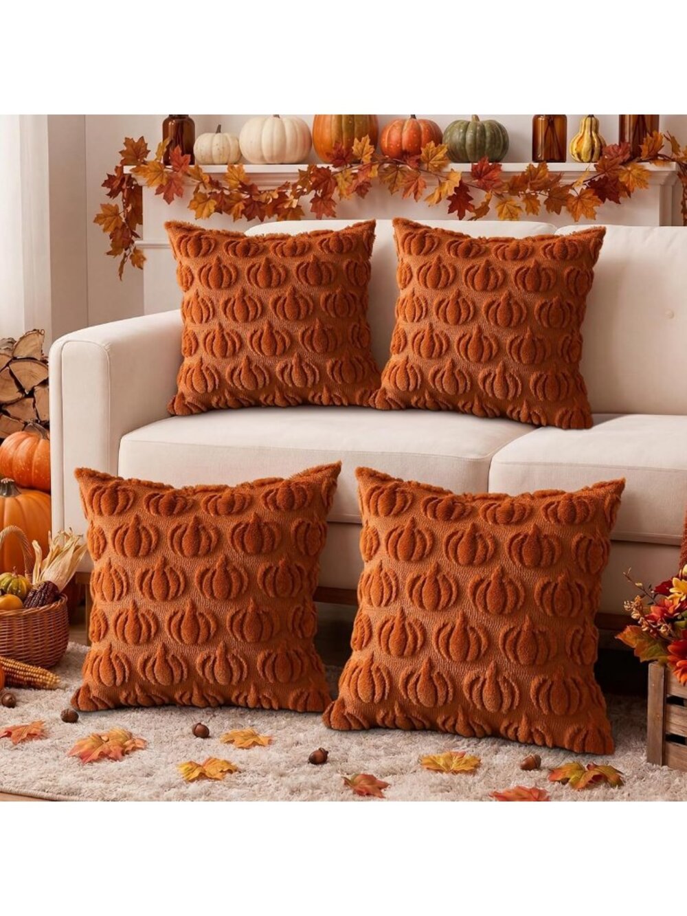 Cozy Fall Pumpkin Throw Pillow Covers - 20x20 Inch Set of 4 in Rustic Colors